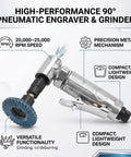 Heavy Hitter Mini Pneumatic Die Grinder Right Angle Air Tool Running At 20000 To 25000 Rpm, 90° angle with flapper wheel for precise metal finishing.
