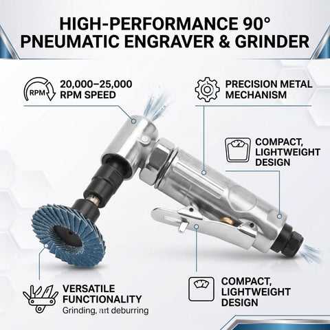 Heavy Hitter Mini Pneumatic Die Grinder Right Angle Air Tool Running At 20000 To 25000 Rpm, 90° angle with flapper wheel for precise metal finishing.