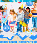 Children celebrating a party with gifts and decorations, themed for summer beach, surrounded by balloons and confetti.