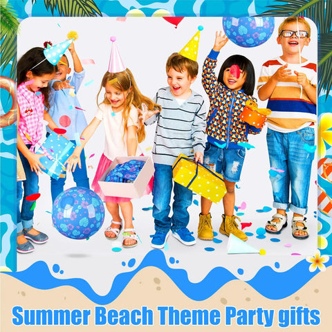 Children celebrating a party with gifts and decorations, themed for summer beach, surrounded by balloons and confetti.