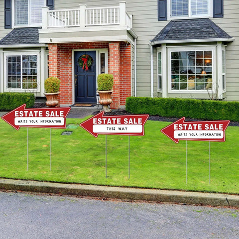 Estate Sale Signs Kit With Double Sided Arrows And Metal Stakes Includes Large And Small Signs Neon Fluorescent Pricing Stickers And SelfAdhesive Labels Go-To Yard Sale Directional Signage For Quick Customer Traffic, red arrow signs on stakes in front yard