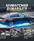 Aura Pro Underglow LED Lights Kit for cars shown on vehicle in rain with waterproof rigid aluminum LED bars on undercarriage.