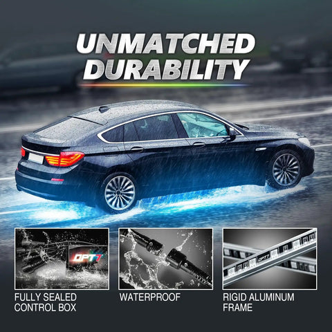 Aura Pro Underglow LED Lights Kit for cars shown on vehicle in rain with waterproof rigid aluminum LED bars on undercarriage.