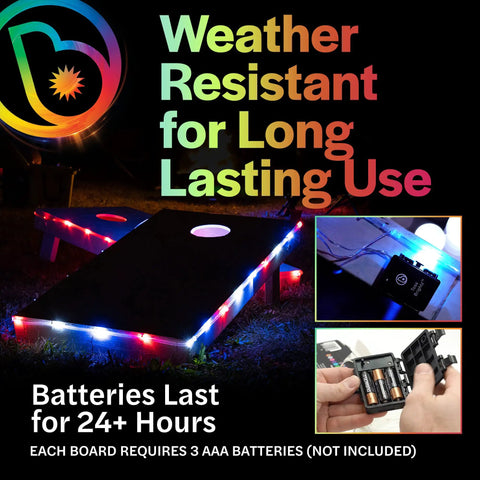 White LED Cornhole Lights For Hole And Board Complete 2 Board Kit with weather resistant LED strands illuminating board edges