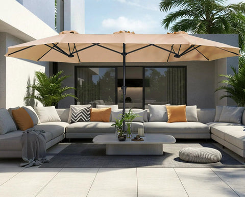 13Ft Outdoor Patio Umbrella With Double Sided Fade Resistant Canopy Beige Shade For Deck Backyard Or Market Use Large Table Umbrella To Cover 2 To 6 Seats Sturdy 38Mm Aluminum Pole No Base Included over modern patio furniture