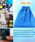 Blue cloth filter for wet/dry vacs, compatible with 4 to 16 gallon models, positioned next to a vacuum cleaner in use.