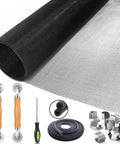 6 In 1 Window Screen Repair Kit With Black Mesh 48x118 Two Bearing Rollers 50 Ft Spline 8 Clips Hook No Sweat DIY Kit components