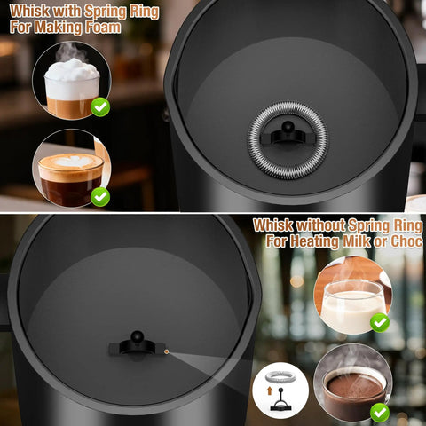 4-In-1 Electric Milk Frother And Steamer For Home Barista Vibes With Hot Dense Foam And Cold Foam Makes Lattes Cappuccinos And Iced Coffee Quiet One-Touch Operation Easy To Clean shown with whisk attachments for foam and heating.
