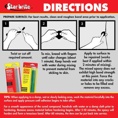 Instructions for using Waterproof Epoxy Aluminum Putty Stick For Quick Permanent Repairs On Boats RVs Outdrives And Tanks That Work Underwater No Fuss To Use Bonds Fast Stays Strong In Tough Conditions.