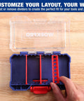 Open Three Piece Small Parts Organizer Set with removable dividers, clear lid, ideal for screws, bolts, nails, and craft supplies.