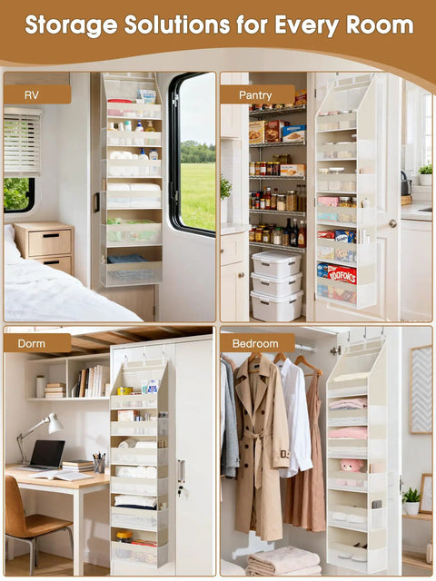 Over The Door Organizer That Turns Any Door Into A Storage Powerhouse With 6 Shelves And 13 Mesh Pockets, shown in RV and home