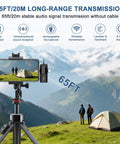3-In-1 Wireless Lavalier Microphone For iPhone And Android demonstrating 65ft range with scenic mountain backdrop