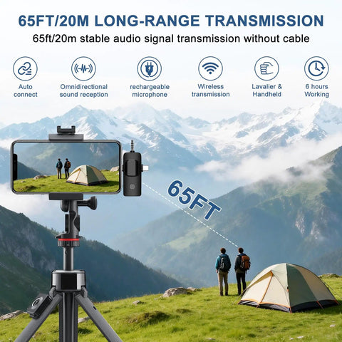 3-In-1 Wireless Lavalier Microphone For iPhone And Android demonstrating 65ft range with scenic mountain backdrop