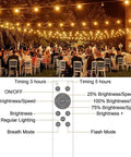 Outdoor String Lights 150ft G40 LED With Remotes illuminating a party with seating, waterproof shatterproof bulbs, remote control diagram