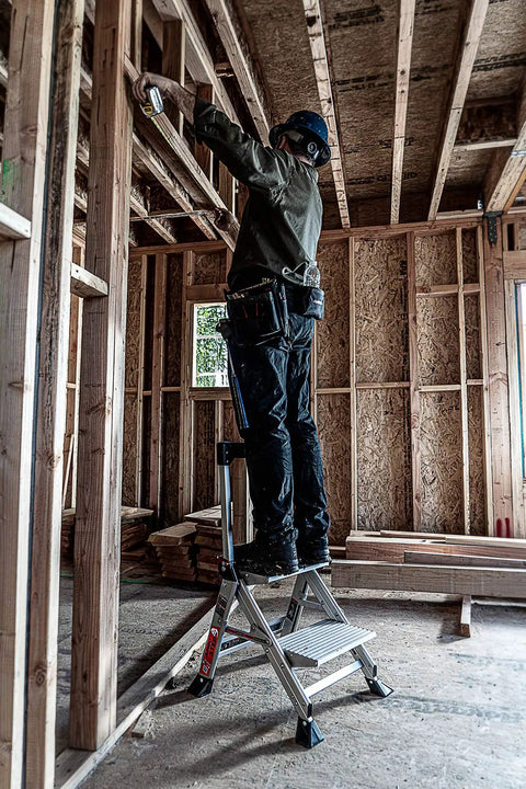Jumbo Step Aluminum 2 Step Stool Ladder, Lightweight Yet Sturdy With A 375 Pound Duty Rating used for construction work