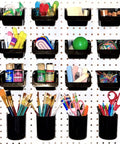 Pegboard Bins And Cups Set With Fifteen Five Inch Bins And Five Inch Cups For Garage And Workshop Organization on a panel