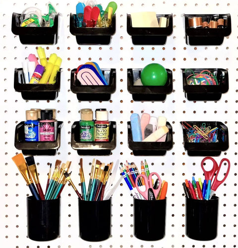 Pegboard Bins And Cups Set With Fifteen Five Inch Bins And Five Inch Cups For Garage And Workshop Organization on a panel