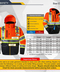 Hi Vis Winter Bomber Jacket with 10 Pockets Waterproof 3M Reflective For Men And Women Detachable Hood Size Chart