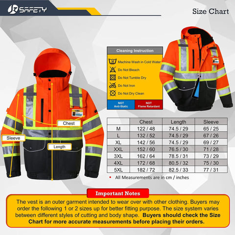 Hi Vis Winter Bomber Jacket with 10 Pockets Waterproof 3M Reflective For Men And Women Detachable Hood Size Chart