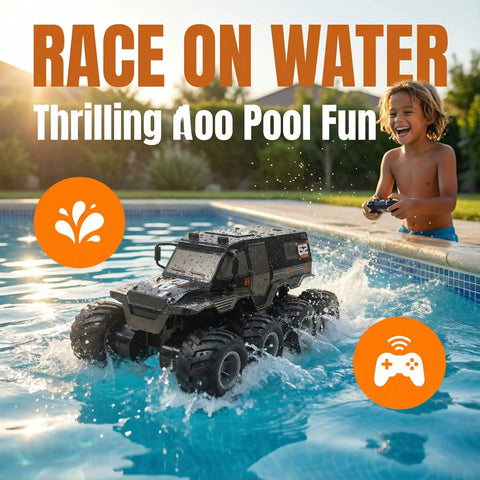 Child playing with Amphibious One Twelfth Scale 8WD Remote Control Monster Truck in pool, showcasing water race feature