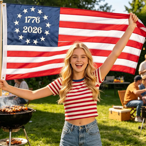 Person holding Rugged 3x5 Outdoor American Flags For 250th Anniversary Betsy Ross Style Nylon With Embroidered Stars And Sewn Stripes