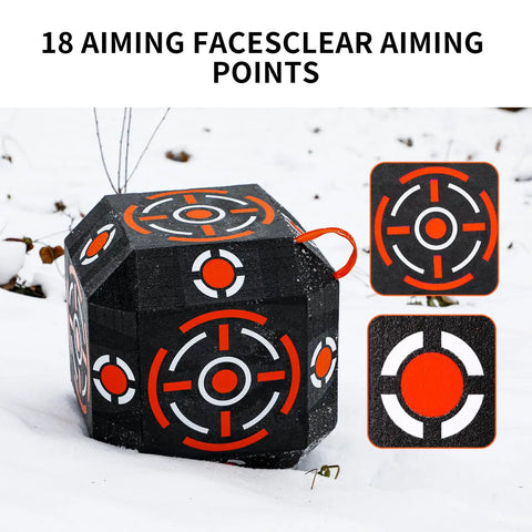 Multi Sided Archery Target Block With Self Healing XPE Foam Core featuring 18 aiming points with polymer fiber on snowy ground.