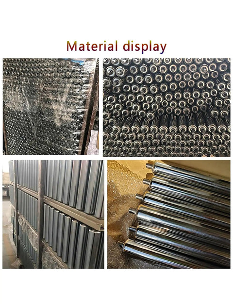 Material display of Heavy Duty Stainless Steel Unpowered Roller Conveyor 38mm with durable galvanized ends for smooth warehouse workflow.