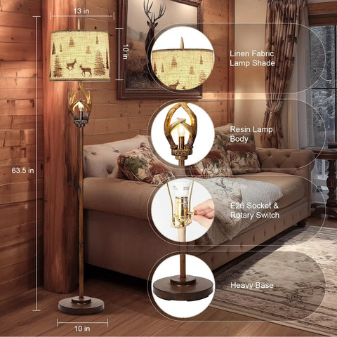 Rustic Farmhouse Antlers Floor Lamp With Nightlight, 63.5 Inch Tall Brown Finish, Round 13 Inch Shade, cozy room setting.