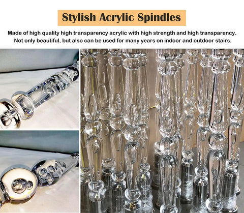 Top Shelf Round Acrylic Staircase Balusters With Rustproof Stainless Steel Brackets, Knockout Clarity Stair Spindles For Porches And Decks, No Sweat Installation 20 Pack 45 Inches showcasing clear acrylic spindles.
