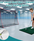 Backyard Golf Net 10x7 Ft with Frame for Indoor and Outdoor Practice in red and black set up in a gym with golfer practicing