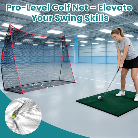 Backyard Golf Net 10x7 Ft with Frame for Indoor and Outdoor Practice in red and black set up in a gym with golfer practicing
