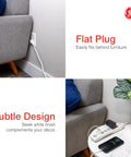 No Fuss Rock Solid Surge Protector Power Strip With Ten Foot Extension Cord on table, featuring a flat plug and compact design.