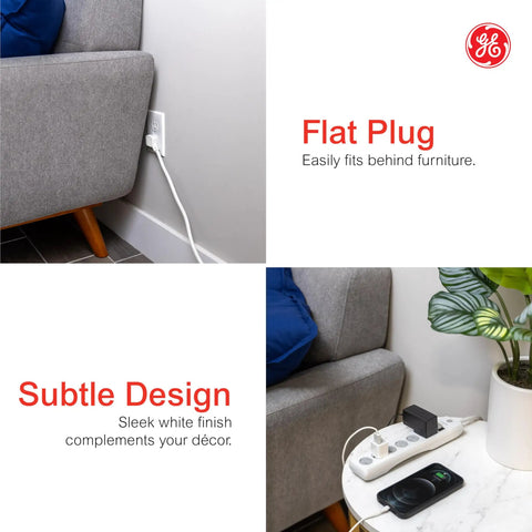 No Fuss Rock Solid Surge Protector Power Strip With Ten Foot Extension Cord on table, featuring a flat plug and compact design.