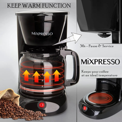 12 Cup Drip Coffee Maker With Auto Off And Reusable Filter, borosilicate glass carafe showing heat retention with coffee beans