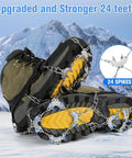 Boots with 24 Spike Ice Crampons For Shoes With Silicone Snow Grips on icy terrain, heavy duty stainless steel traction cleats