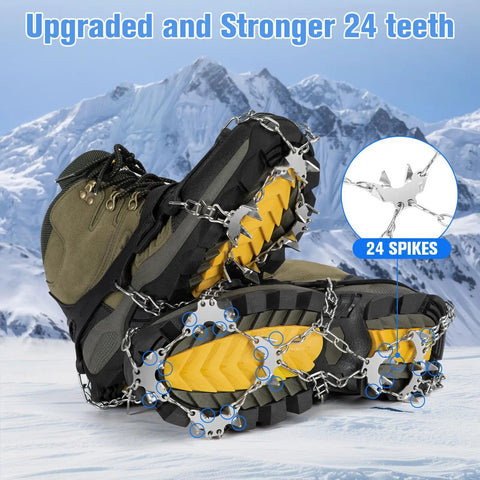Boots with 24 Spike Ice Crampons For Shoes With Silicone Snow Grips on icy terrain, heavy duty stainless steel traction cleats