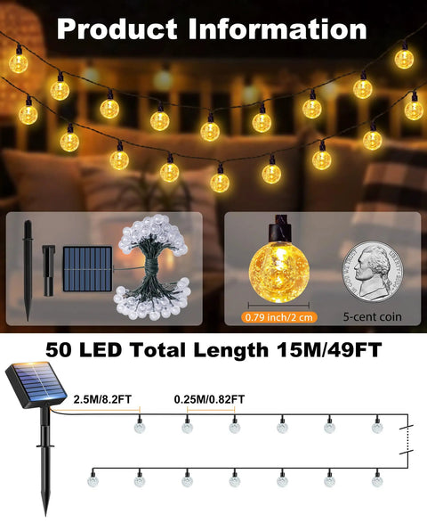 Two Pack Outdoor Solar String Lights Waterproof 98 Feet Total 100 LED Solar Powered Patio Lighting With Eight Modes Crystal Globe Decor shown with setup and size comparison.