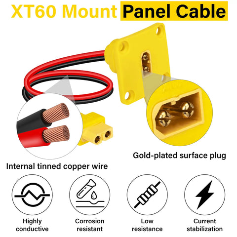 Solid 1 Foot Xt60 Male To Female Panel Mount Cable 12 Awg For Rc And Drones with gold-plated plug and tinned copper wire.