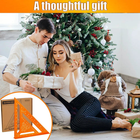 Pro Grade 12 Inch Carpenter Square And Rafter Square With Laser Etched Scale for dead on measurements displayed beside a couple exchanging gifts.
