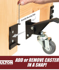 Four Rock Solid Retractable Casters Featuring Quick Release Mounting Plates For No Sweat Workbench Relocation And Lets Heavy Shop Gear Roll Out Smooth As Butter, showing assembly of mounting plate on wooden bench.