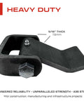 Close-up of a heavy duty weld-on dump trailer hinge showing 5/16 inch thick A36 steel construction and bolt for durability.
