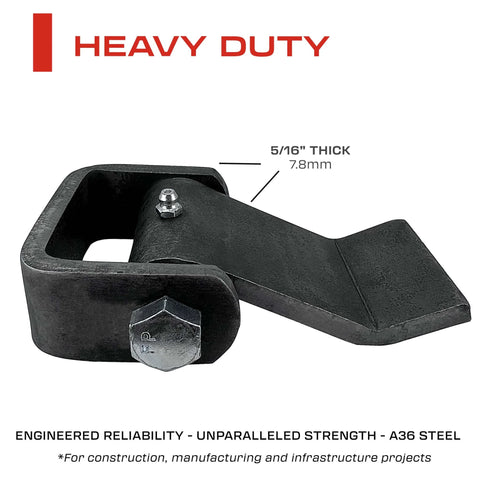 Close-up of a heavy duty weld-on dump trailer hinge showing 5/16 inch thick A36 steel construction and bolt for durability.