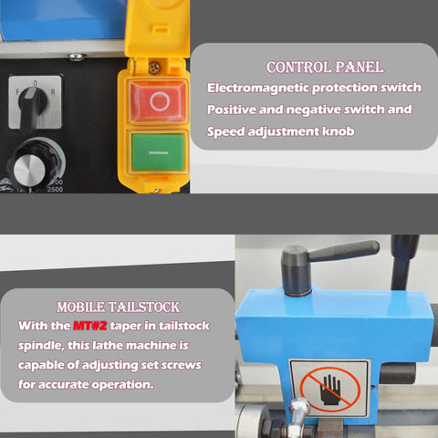 Control panel and mobile tailstock of Heavy Duty 7X14 Inch Mini Metal Lathe With Variable Speed Control And Brushless Motor.