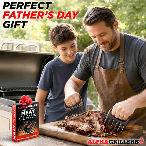 Father and son using Heavy Duty Meat Shredder Claws for Grilling Bear Claws Puller for Pulled Pork And Chicken Shredding