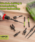 Heavy Duty Countersink Drill Bit Set For Woodworking Packs Adjustable Depth Tapered Bits Four Sharp Wood Plug Cutters One Quarter Inch Hex Shank To Serve Up Flawless Holes With Zero Sweat Or Headaches Anytime, 16-piece set displayed with storage box.