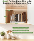Adjustable Bakeware Organizer Pot Lid Holder Rack for Pots, Cake Molds, Cutting Boards, Mats and Cookware Storage, Extendable Width From 12.6 to 21.5 Inches shown in cabinet