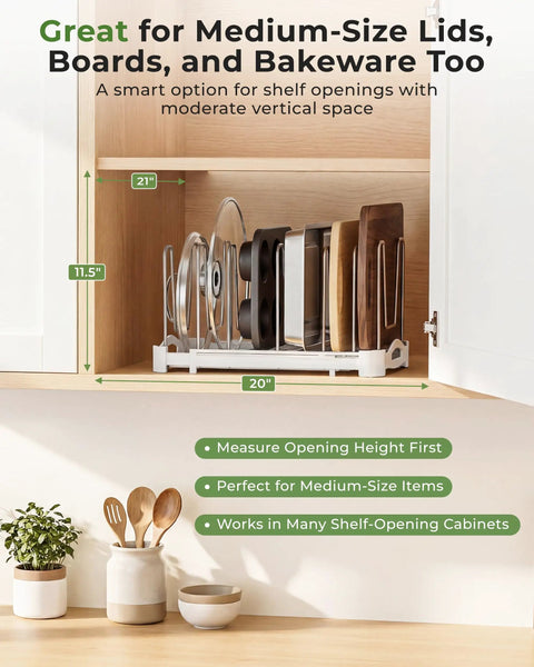Adjustable Bakeware Organizer Pot Lid Holder Rack for Pots, Cake Molds, Cutting Boards, Mats and Cookware Storage, Extendable Width From 12.6 to 21.5 Inches shown in cabinet