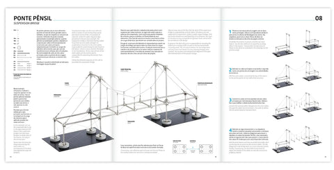 Instruction manual showing how to use Magnetic Modular Kit For Engineering And Architecture Education to build a suspension bridge.
