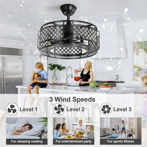 Family in kitchen with Crystal Ceiling Fan With Lights And Bluetooth Speaker Eighteen Point Eight Inches Dope Enclosed Bladeless Fandelier With 3 Speeds Reversible Industrial Cage Design For Bedroom Gym Kids Room Kitchen visible above.