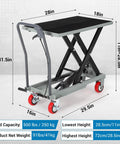 Heavy Duty Hydraulic Lift Table Cart With 500 Lbs Capacity And Badass Powder Coated Steel Frame, dimensions and wheel details
